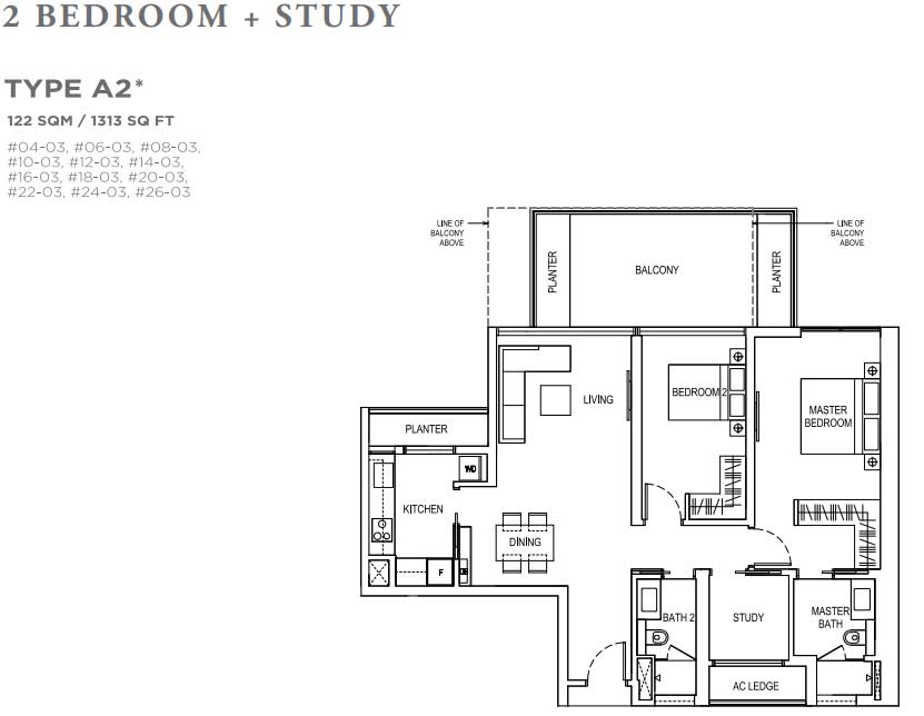 Boulevard 88 2 Bedroom Study Floor plan | SG Luxury Condo
